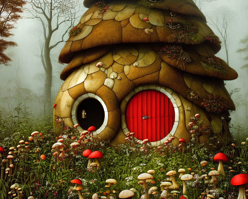 Whimsical mushroom house in enchanted forest with red door