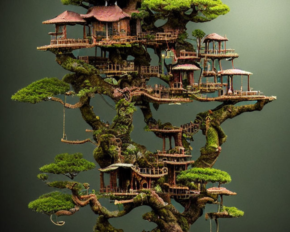 Miniature treehouse in bonsai tree with Asian architecture amid lush greenery