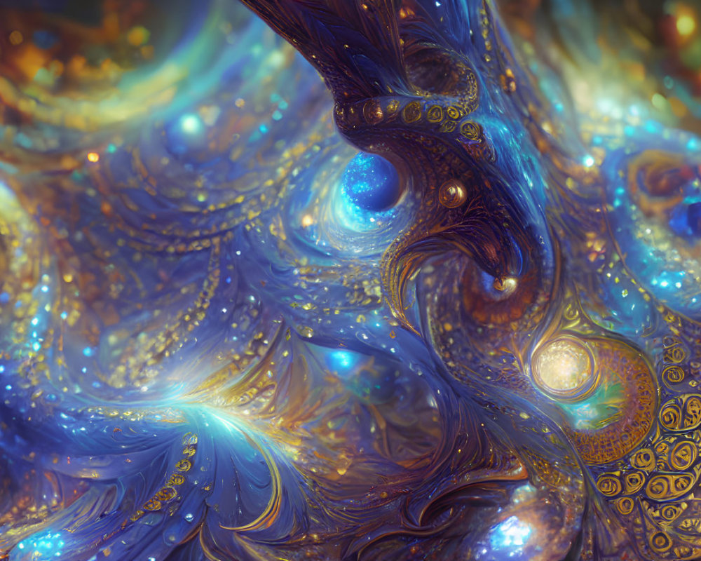 Fantasy-themed digital artwork with swirling blue and golden patterns