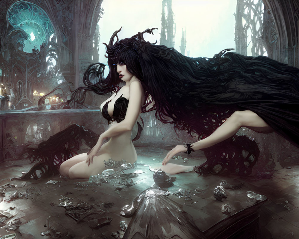 Dark-haired woman with horns in gothic fantasy setting