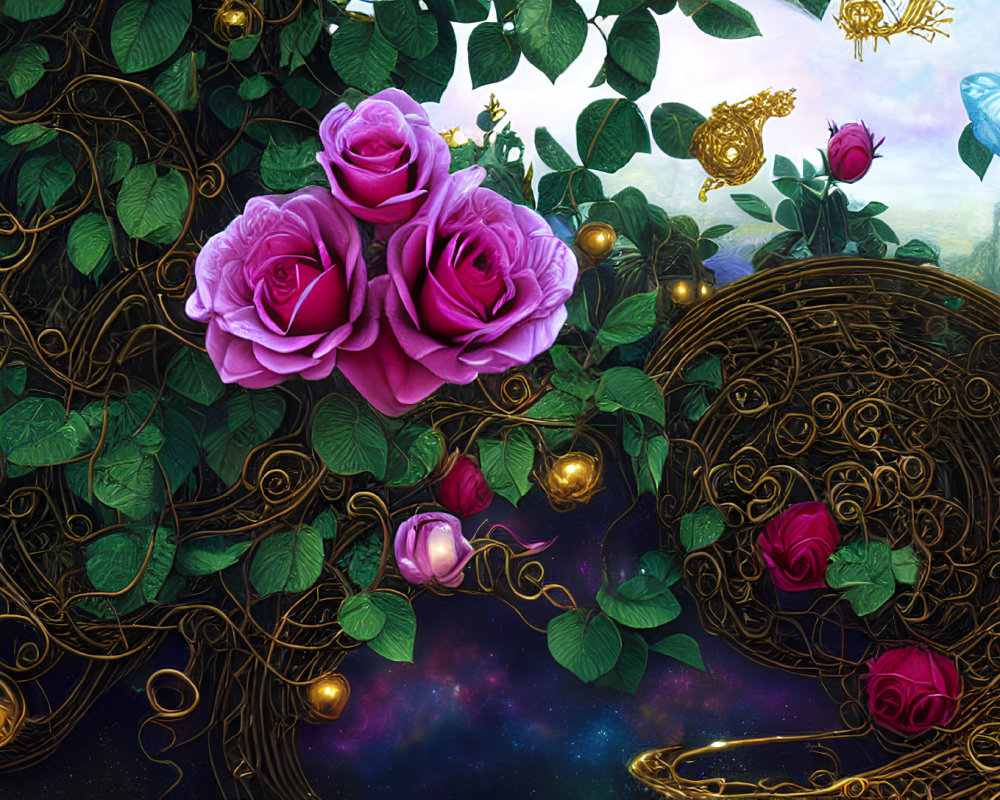 Vibrant pink roses, golden florals, ivy, butterfly, and magical city in celestial