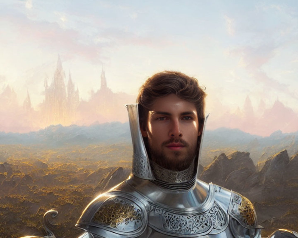 Bearded knight in ornate armor with majestic castle and dawn-lit sky