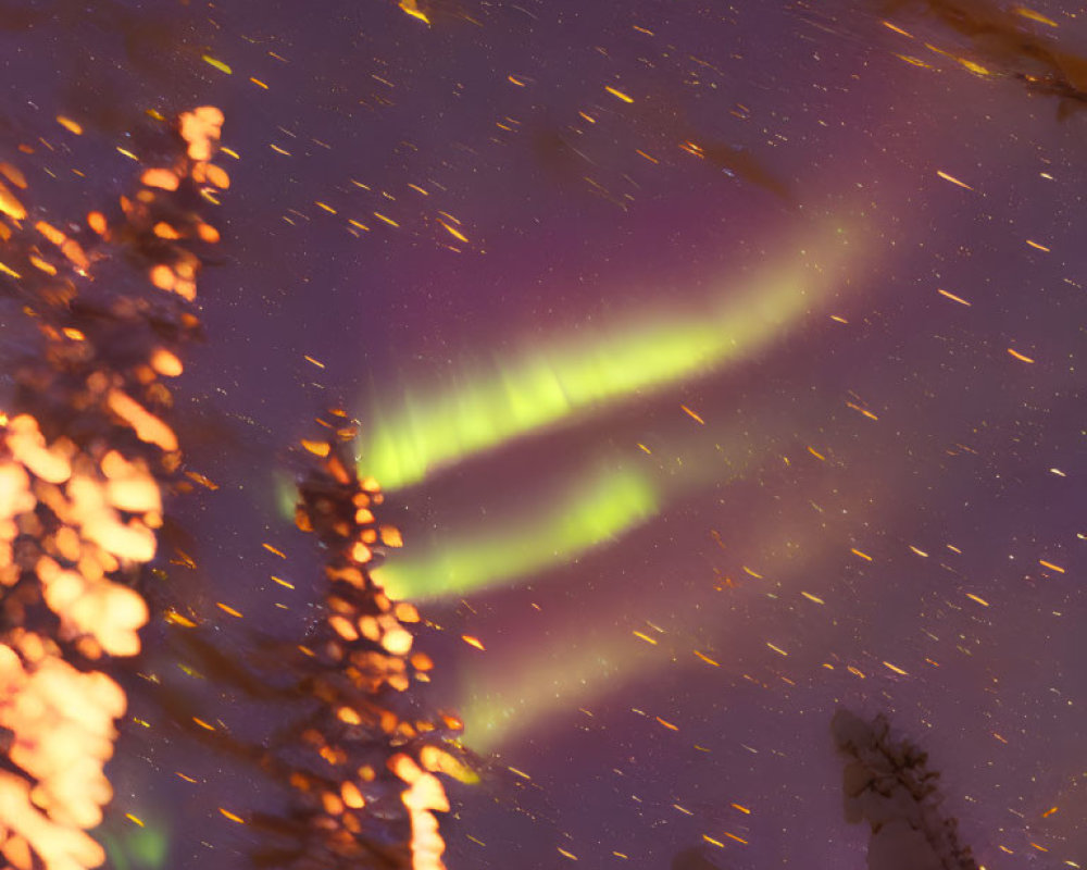 Northern Lights shine over snow-covered forest in green and purple hues