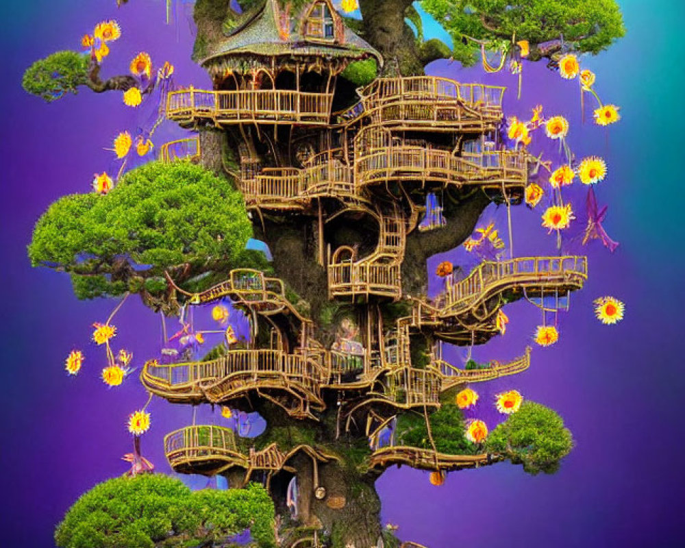 Whimsical treehouse with wooden platforms and yellow flowers on purple background