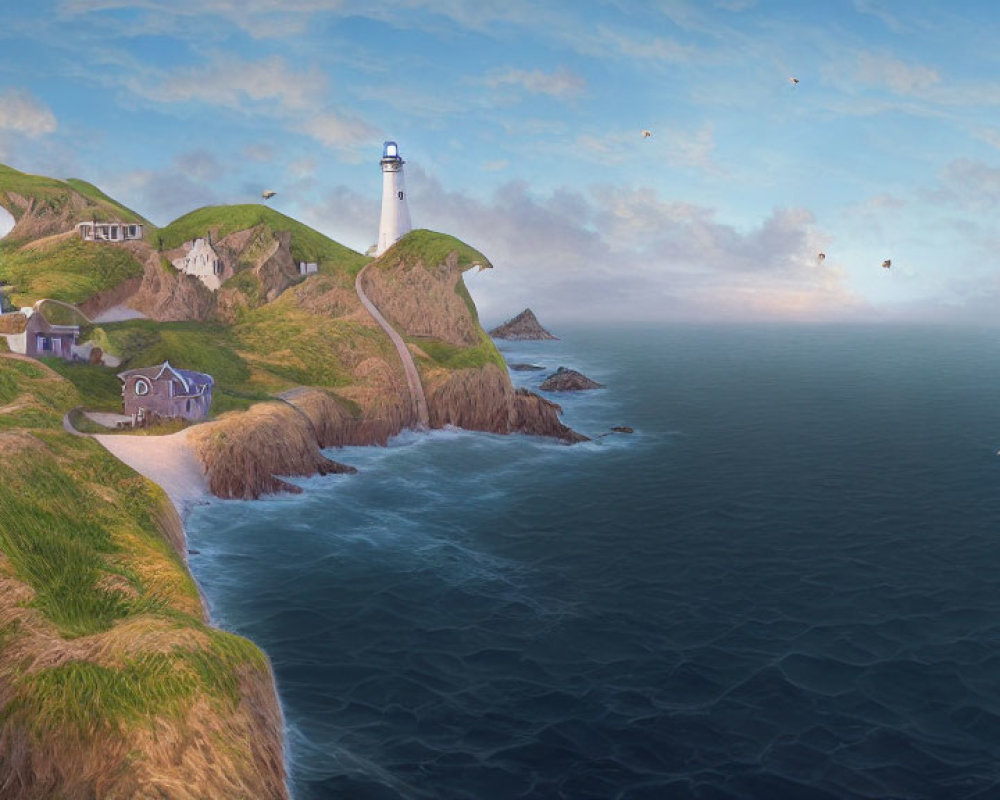 Tranquil seascape with lighthouse, cliff, paths, houses, and flying creatures