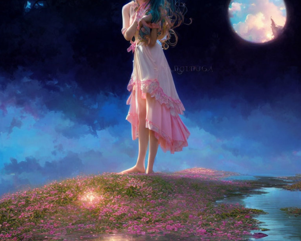 Fantasy illustration of girl with blue hair on flowery path under moonlit sky