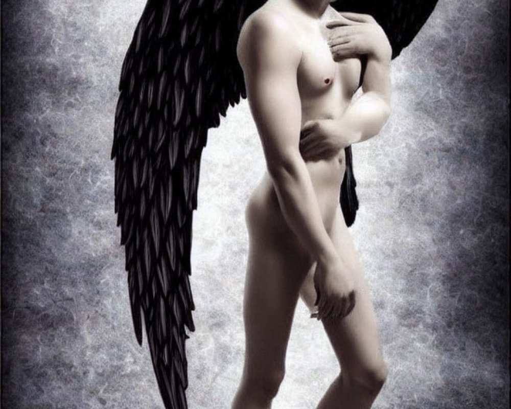 Male figure with large black wings in digital art against grey background