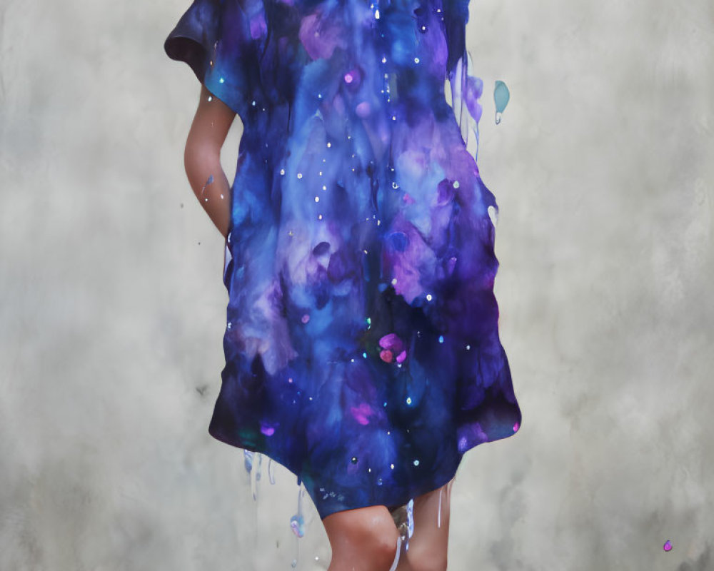 Woman in cosmic-themed dress blending into starry night sky