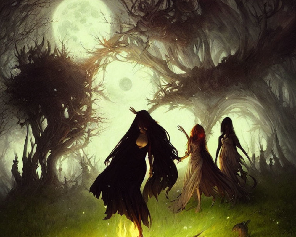 Mystical forest scene with robed figures and glowing moon