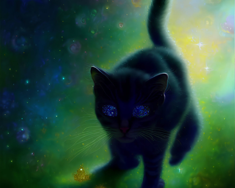 Cosmic-themed cat illustration with starry eyes and nebula background