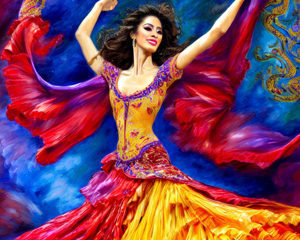 Colorful Flamboyant Dress Dancer on Abstract Blue Background