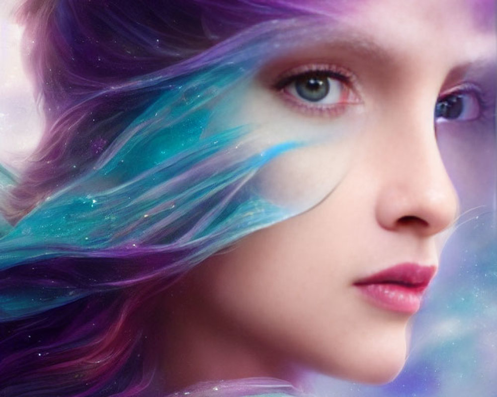 Fantasy portrait with purple hair, cosmic backdrop, and feather accents