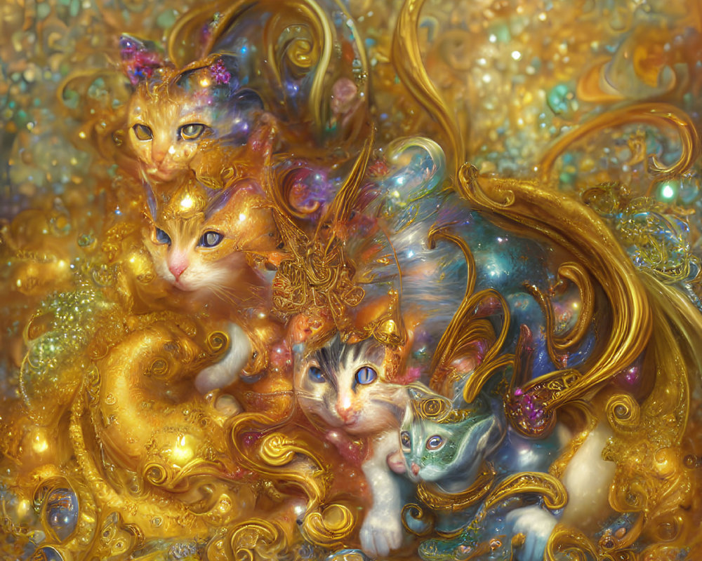 Vibrant fantastical cats with golden embellishments on glittery background