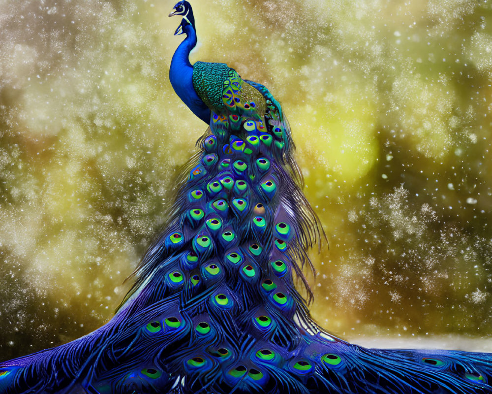 Colorful peacock illustration on glittery golden backdrop