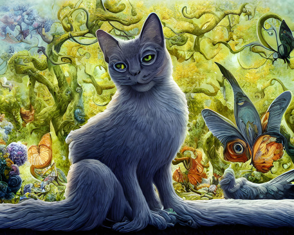 Realistic gray cat surrounded by colorful fantasy flora and butterflies