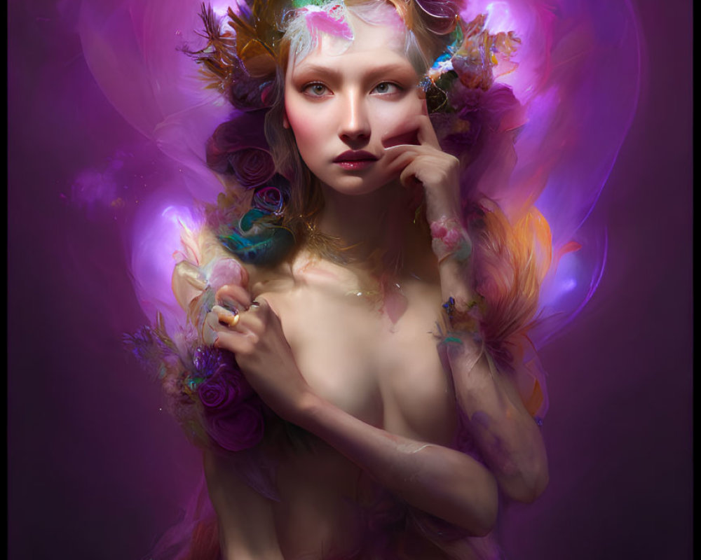 Ethereal woman portrait with flower petals and colorful aura