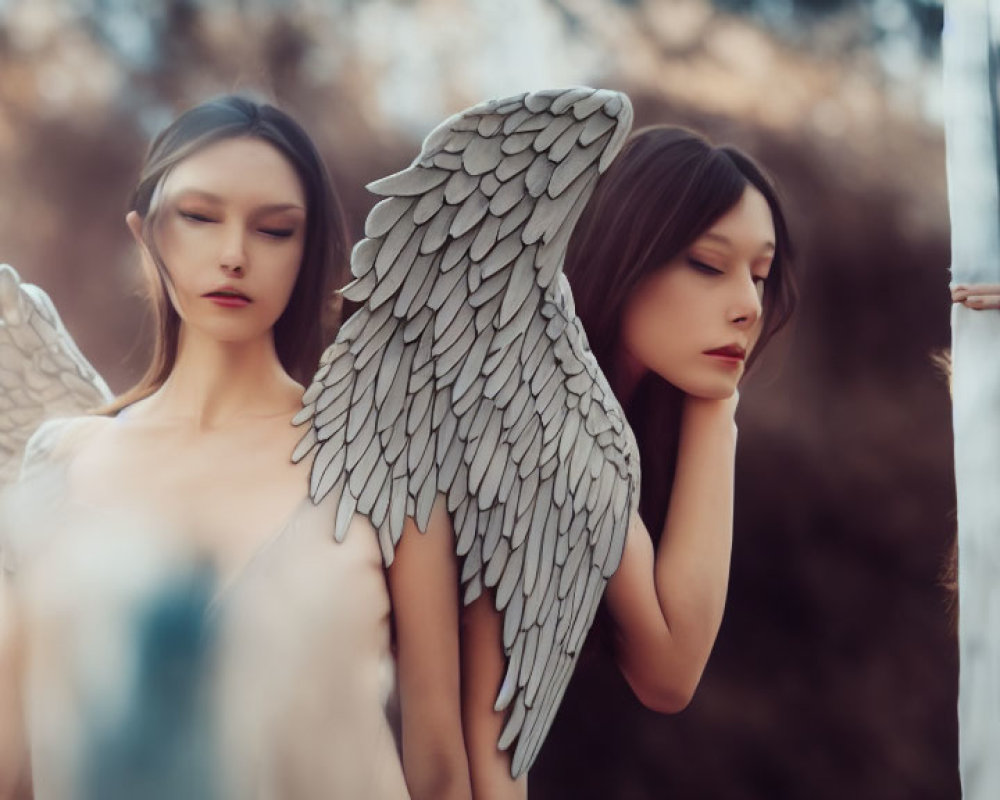 Ethereal figures with angel wings in reflective outdoor scene