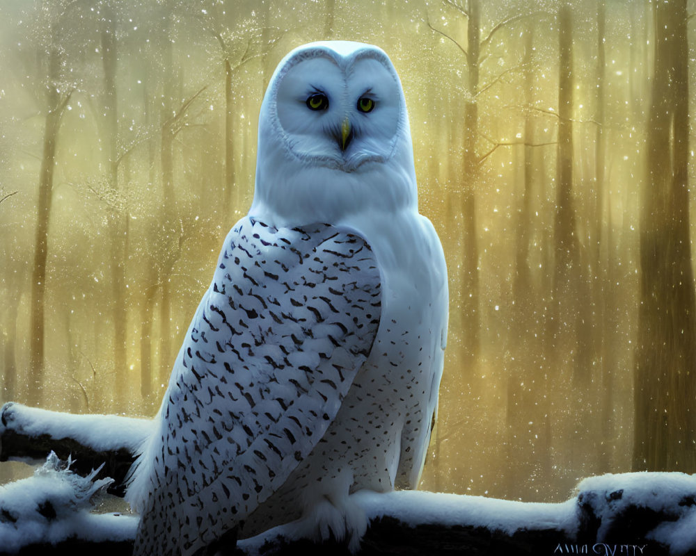 Snowy Owl Perched on Snow-Covered Branch in Winter Forest