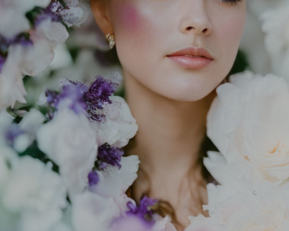 Portrait of Woman with Serene Expression and Floral Surroundings