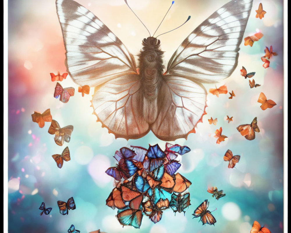 Transparent-winged butterfly surrounded by colorful companions on bokeh background