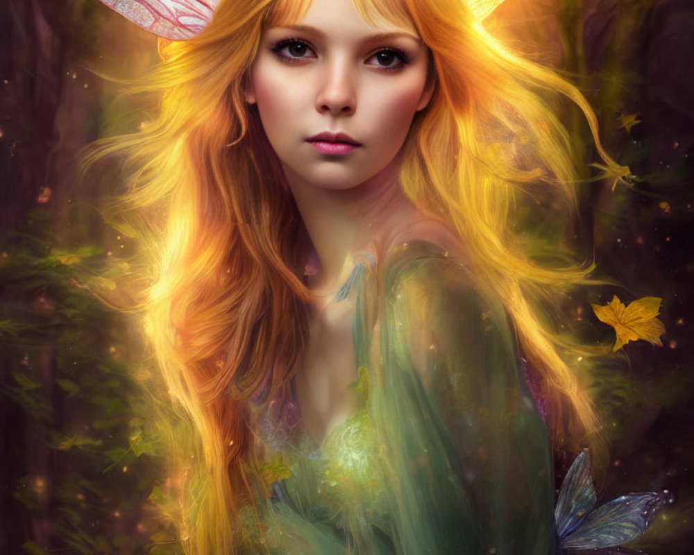 Digital artwork: Fairy with glowing wings in mystical forest, striking gaze, butterflies, luminous hair