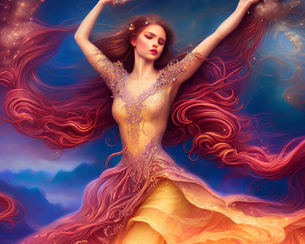 Vibrant digital artwork of a woman in cosmic colors with flowing hair and dress