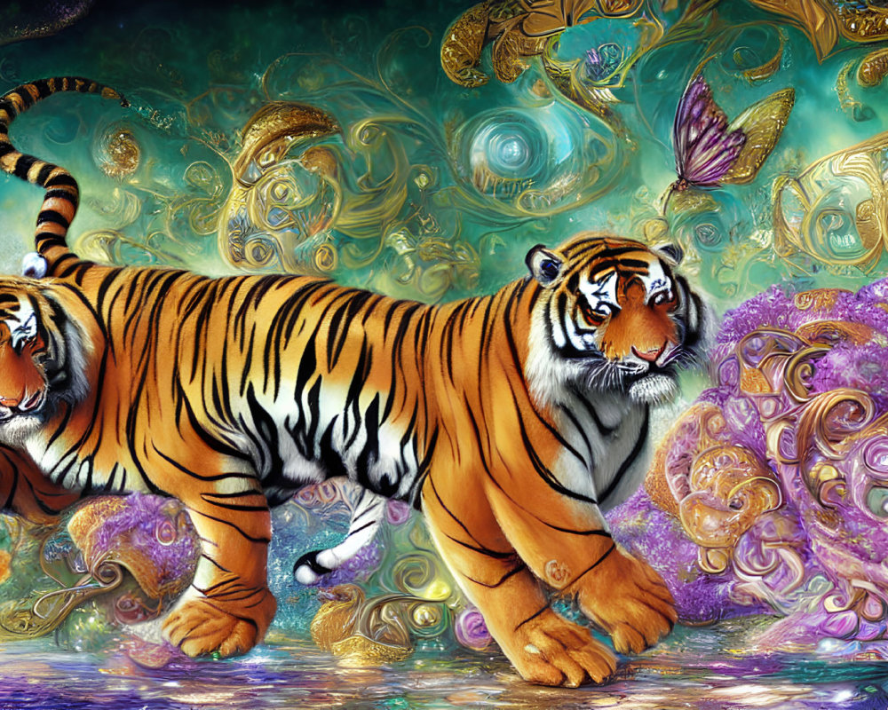 Vibrant tigers with prominent stripes on colorful, intricate background