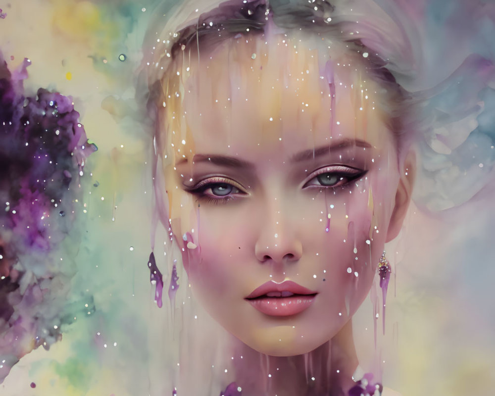 Ethereal digital art of woman's face with colorful streaks