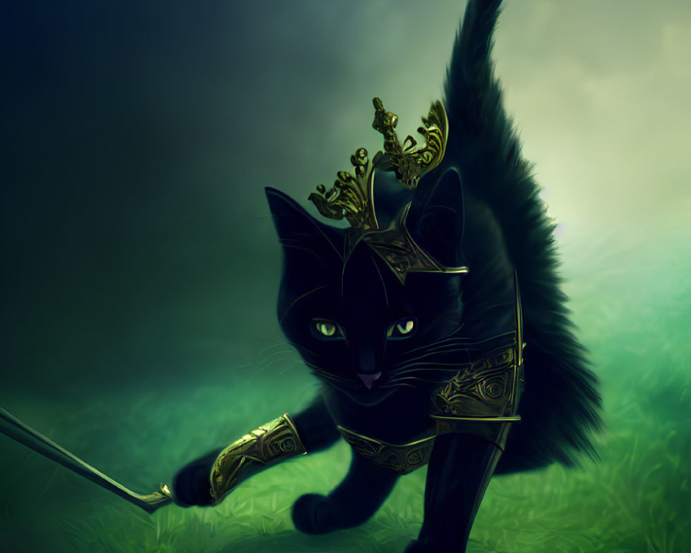 Majestic black cat with golden crown and sword in mystical green setting