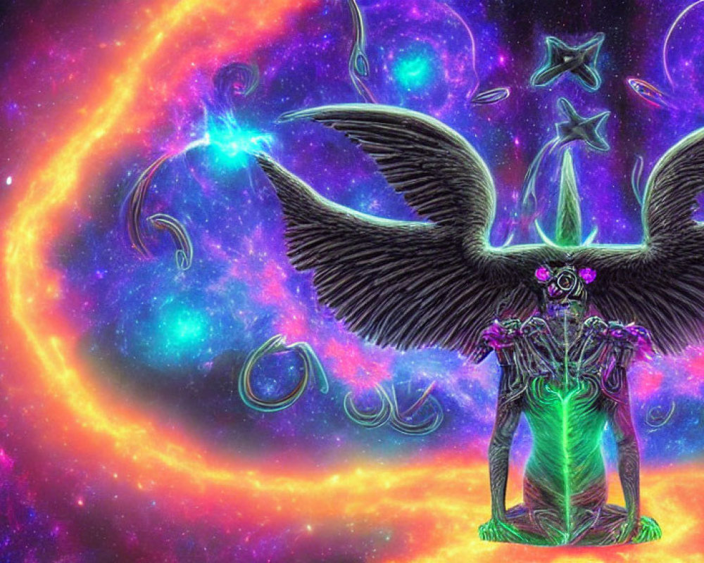 Mystical winged creature with glowing green torso in cosmic setting