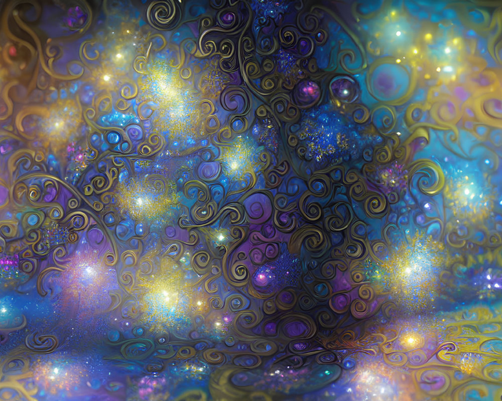 Blue and Gold Swirls Digital Artwork with Celestial Theme