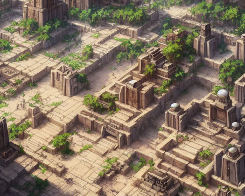 Ancient City Stone Structures and Ruins Overgrown with Greenery