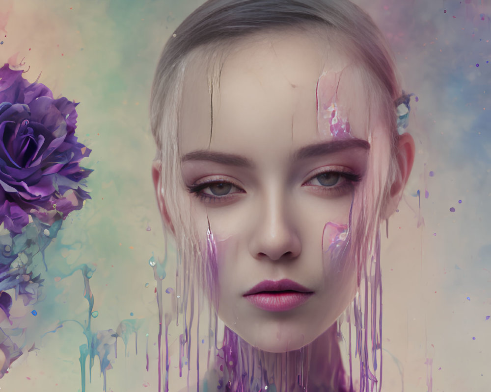 Surreal portrait of woman with paint, colorful nebulous backdrop