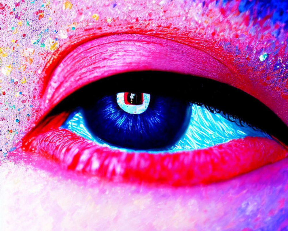 Vibrant pink and blue glitter eye makeup close-up