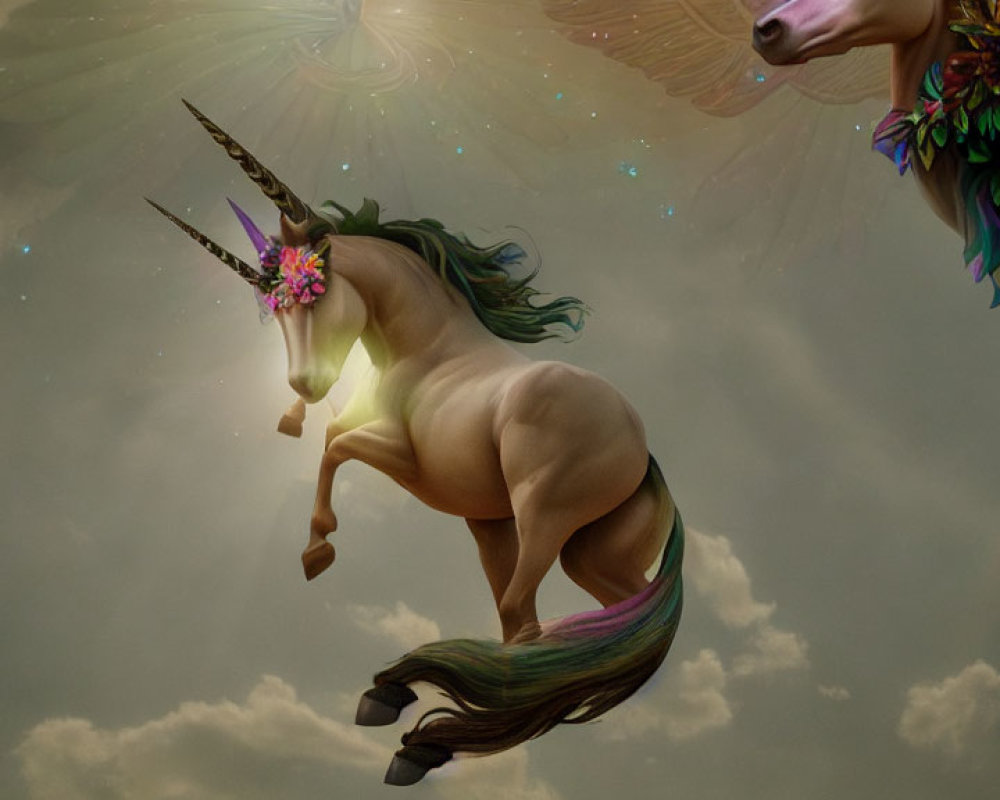 Majestic unicorns with vibrant manes in cloudy sky