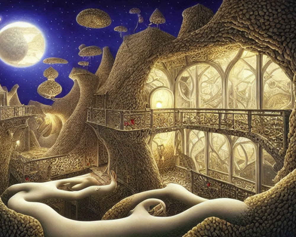 Fantastical treehouse with ornate windows in moonlit sky