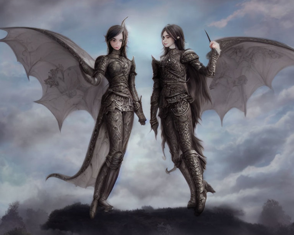 Fantasy characters in dragon wing armor above misty forest