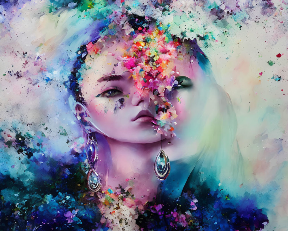 Colorful Artwork: Woman with Paint Splatters and Flowers