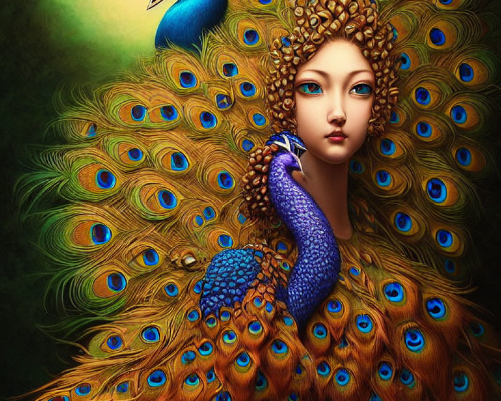 Surreal Woman with Peacock Body and Crowned Head of Bejeweled Plumes