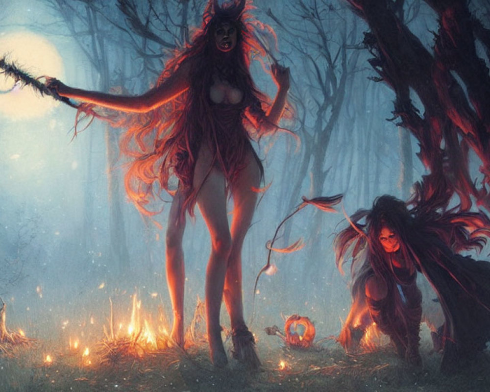 Fantasy figures in mystical forest with glowing orb and pumpkin amidst flames and eerie trees