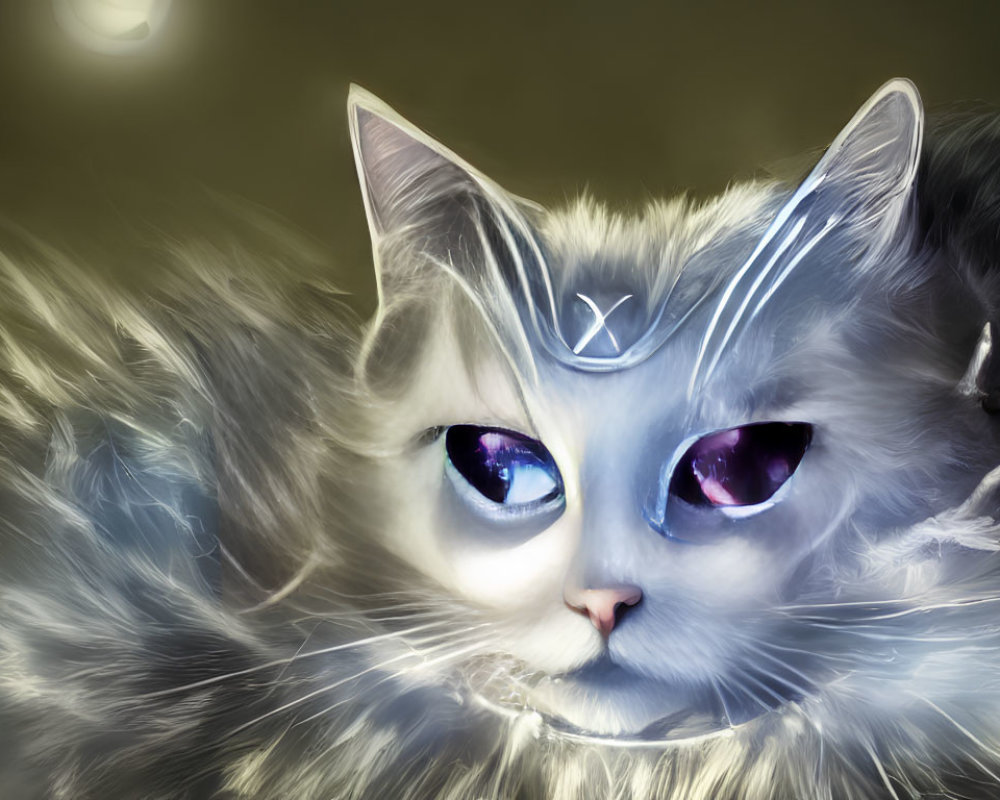 Artistic image of a cat with large blue-violet eyes and a crescent moon symbol.