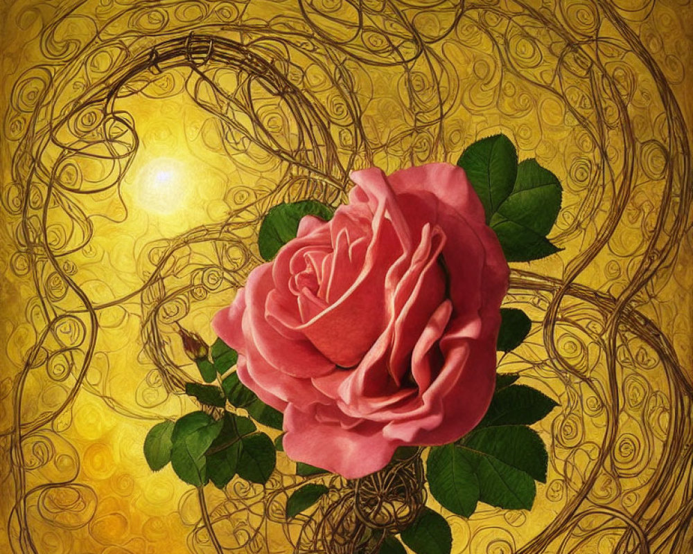 Detailed Pink Rose on Golden Spiral-Patterned Background