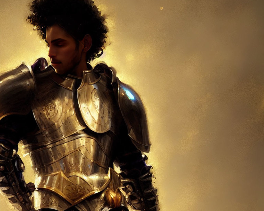 Medieval armor-clad person with curly hair in warm, golden light