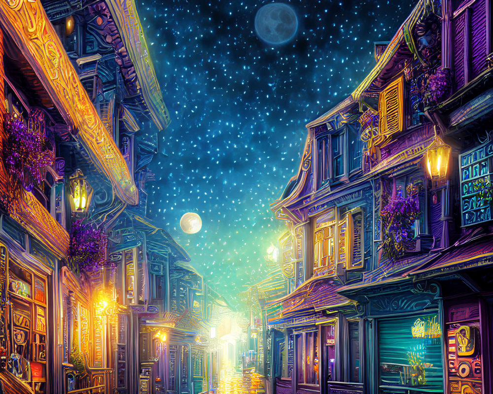 Colorful Traditional Buildings Under Starry Night Sky with Full Moon