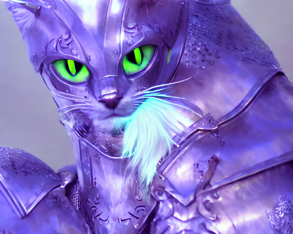 Digital Artwork: Cat in Silver Armor with Green Eyes and Blue Blade