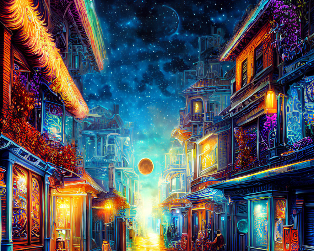 Colorful Night Street Scene with Traditional Architecture and Crescent Moon