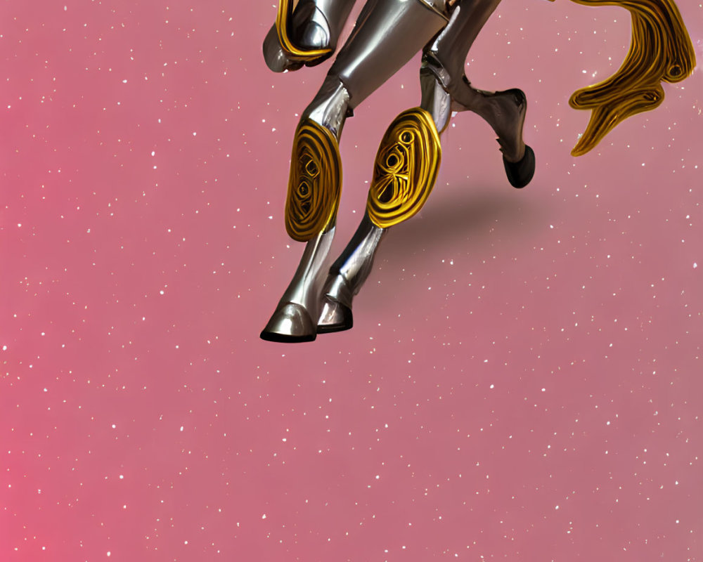 Ornate armor knight on rearing horse against pink background