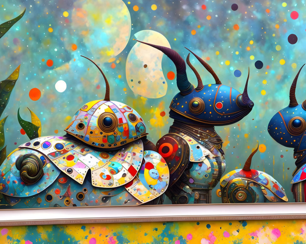 Colorful artwork: stylized mechanical ladybugs in cosmic scene