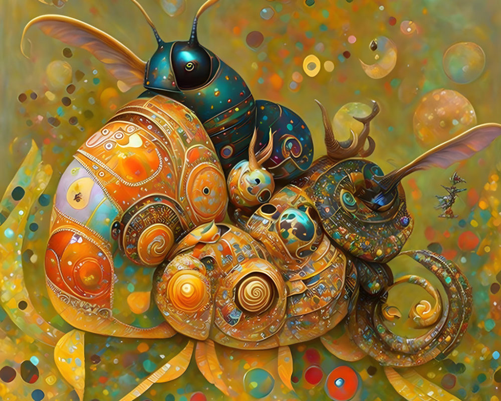 Colorful painting of bionic snail with bubbles and autumn leaves