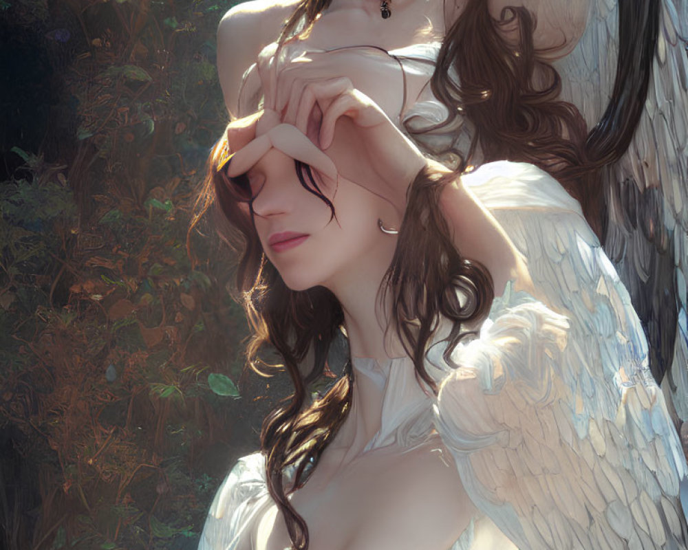 Ethereal artwork featuring angelic figures embracing in a forest